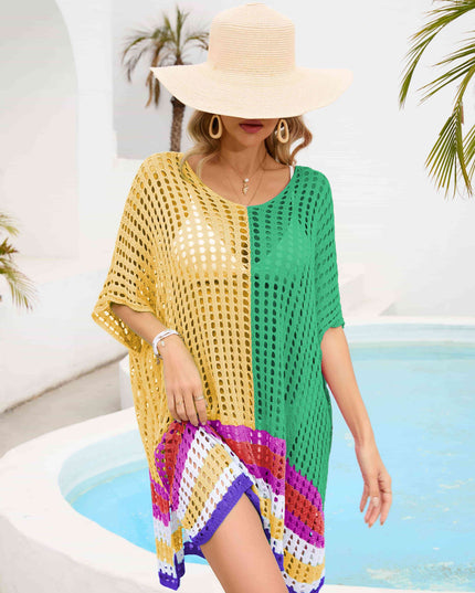 Contrast Scoop Neck Openwork Half Sleeve Cover Up