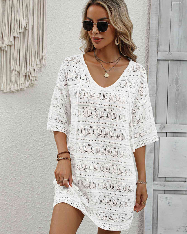 Openwork V-Neck Mini Knit Dress