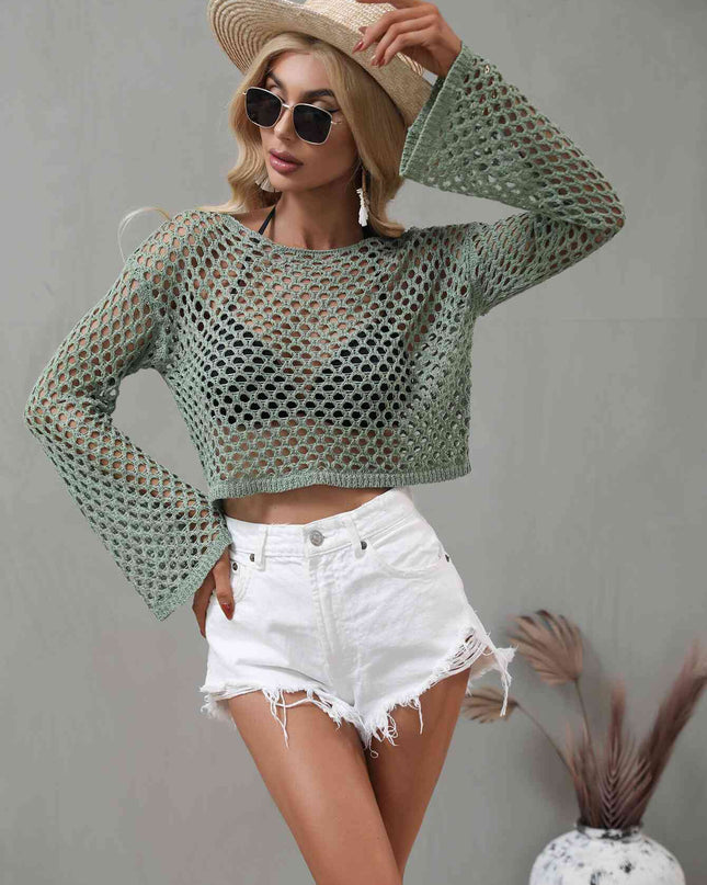 Openwork Flare Sleeve Cropped Cover Up