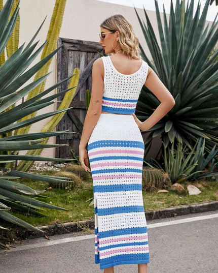 Striped Openwork Cropped Tank and Split Skirt Set