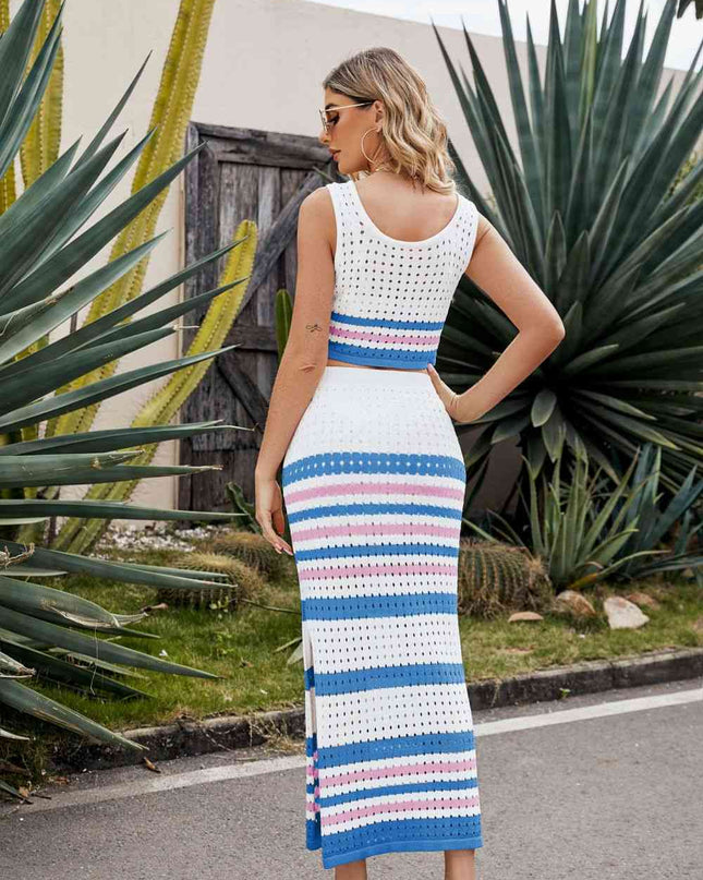 Striped Openwork Cropped Tank and Split Skirt Set