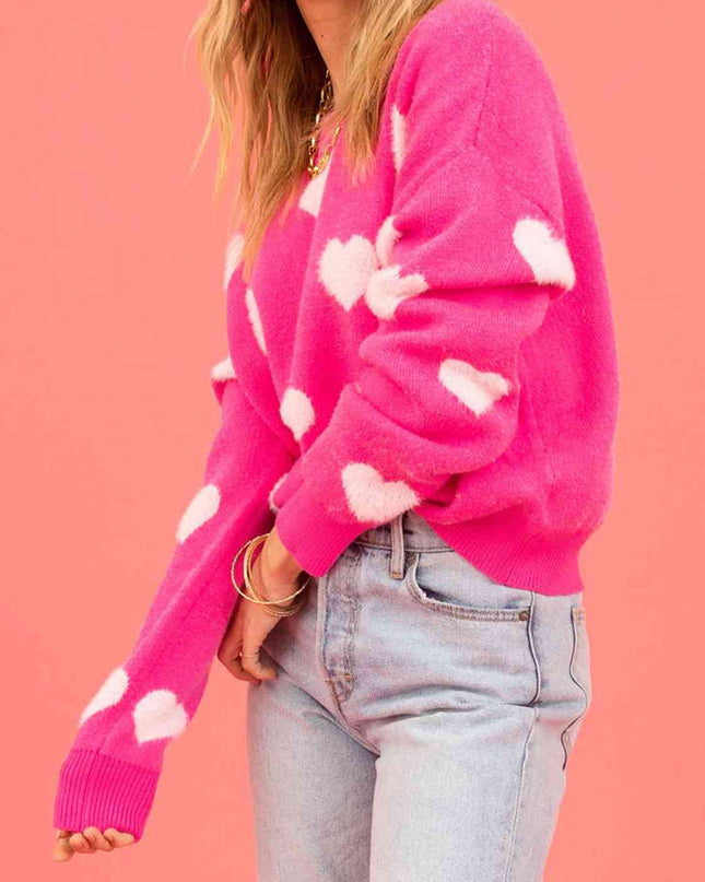 Heart Round Neck Drop Shoulder Sweater