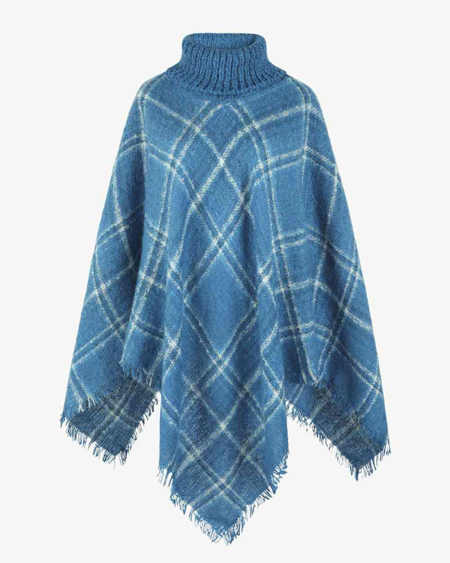 Plaid Turtleneck Fringe Hem Poncho