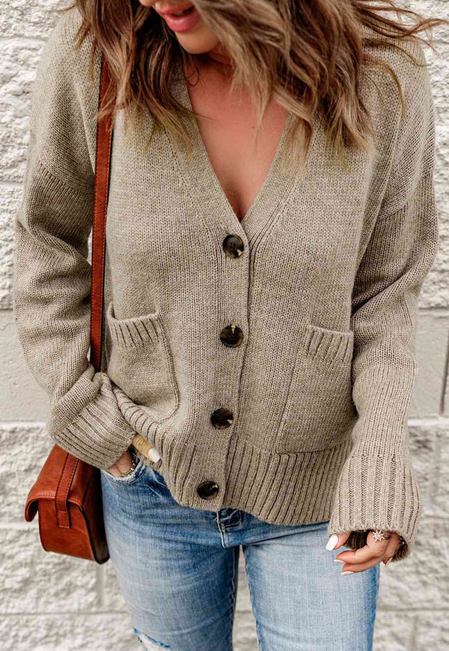 Ribbed Trim Button Down Cardigan with Pockets