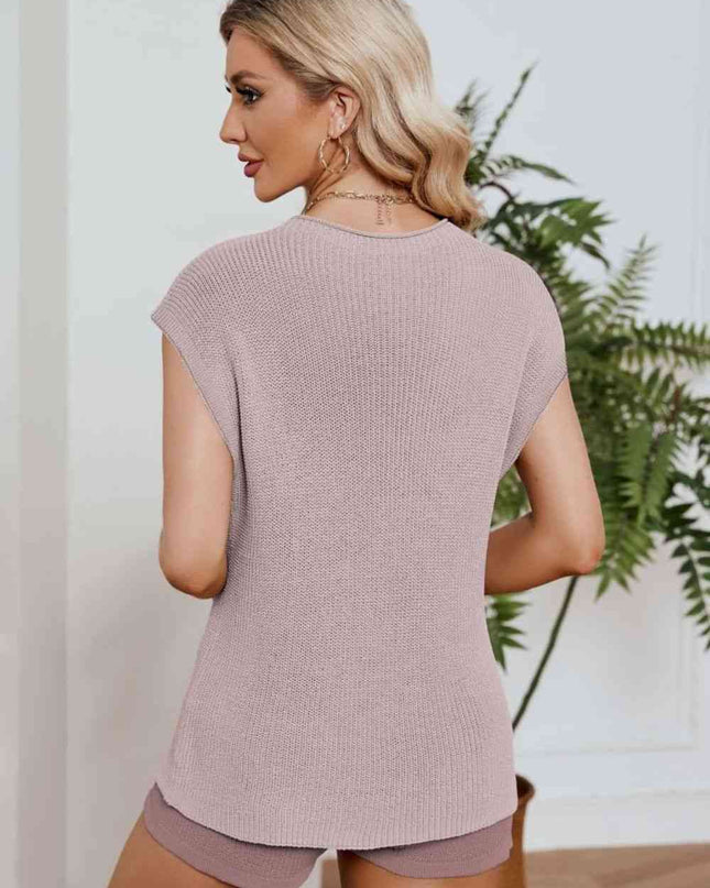 Ribbed Round Neck Pocket Knit Top and Shorts Set