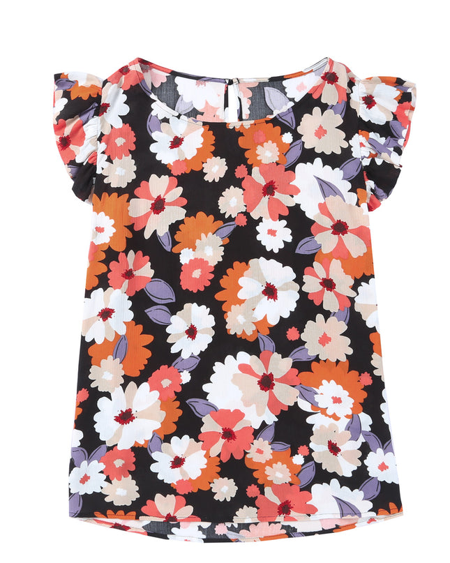 Plus Size Floral Flutter Sleeve Round Neck Top