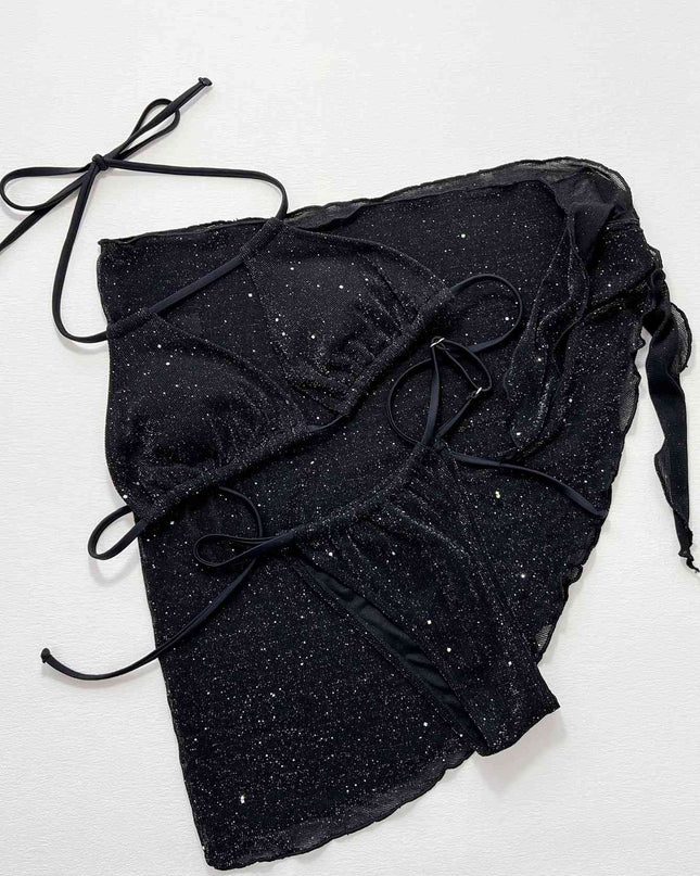 Glitter Halter Neck Backless Three-Piece Swim Set
