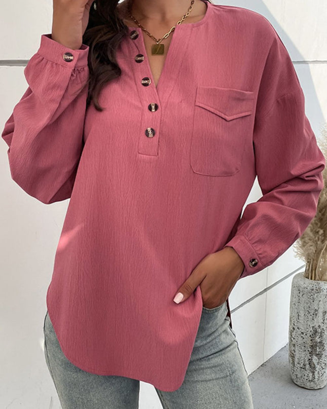 Half Button Pleated Detail Side Slit Blouse