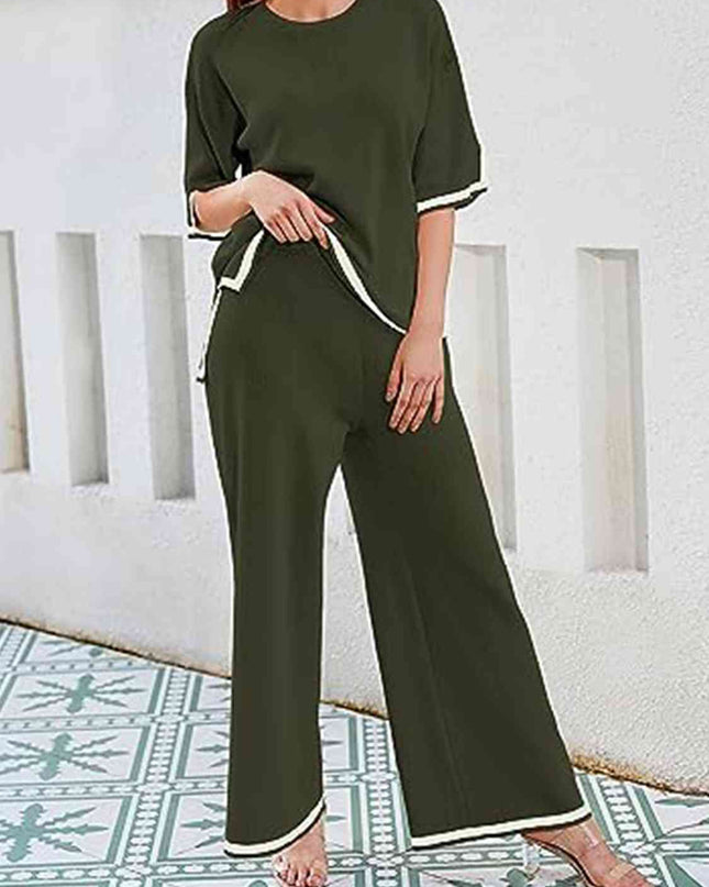 Contrast High-Low Sweater and Knit Pants Set