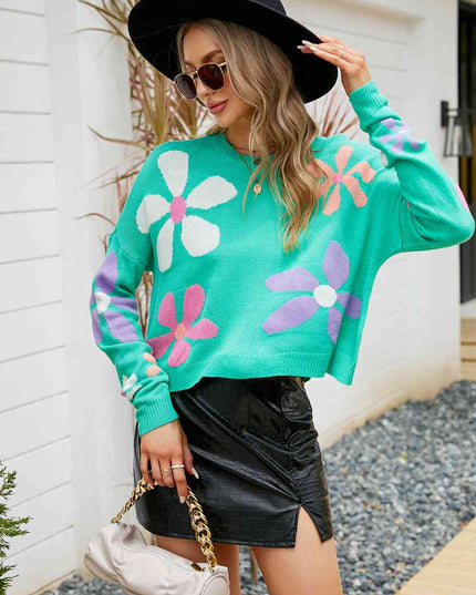 Flower Round Neck Drop Shoulder Sweater
