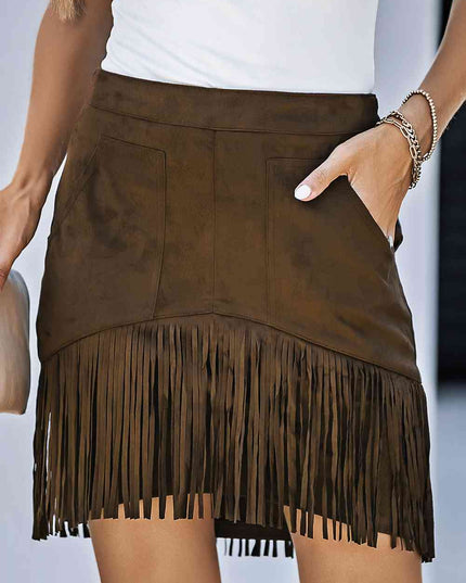 Fringe Detail Zip-Back Skirt with Pockets
