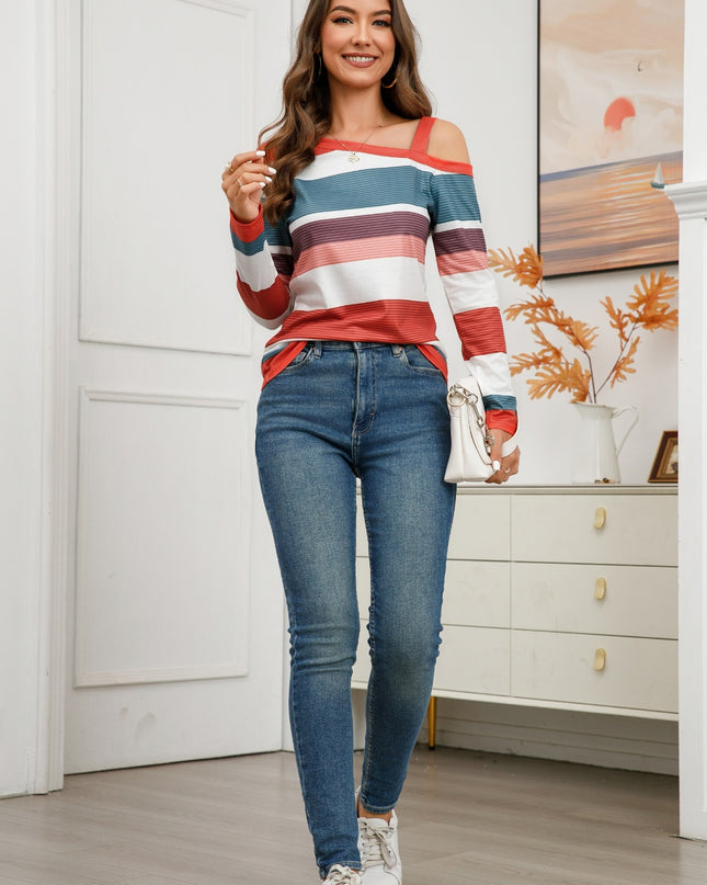 Striped Asymmetrical Neck Long Sleeve T-Shirt