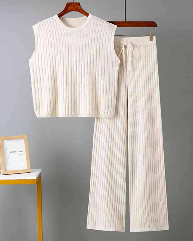 Ribbed Sweater Vest and Drawstring Knit Pants Set