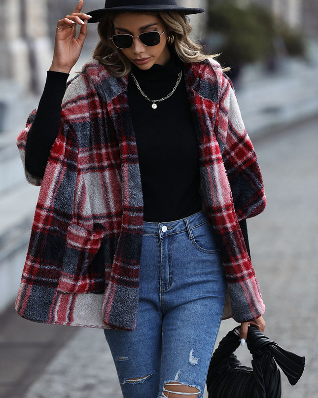 Plaid Hooded Coat with Pockets