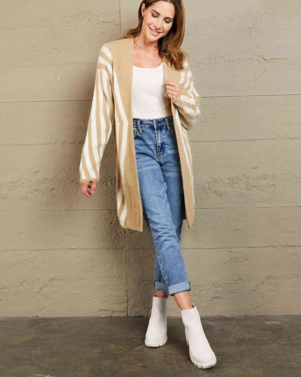 Woven Right Two-Tone Open Front Fuzzy Longline Cardigan