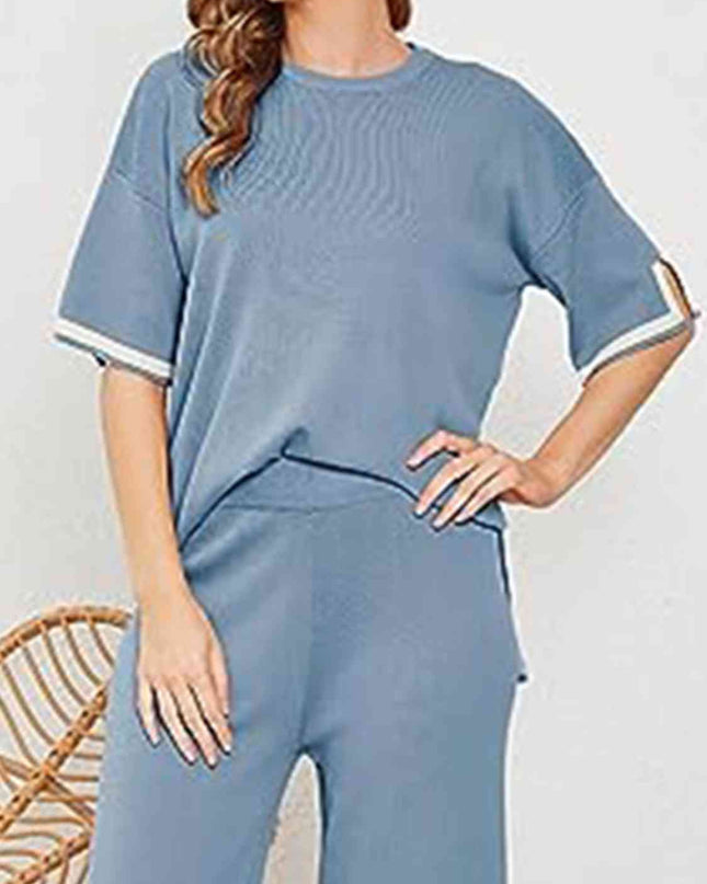 Contrast High-Low Sweater and Knit Pants Set