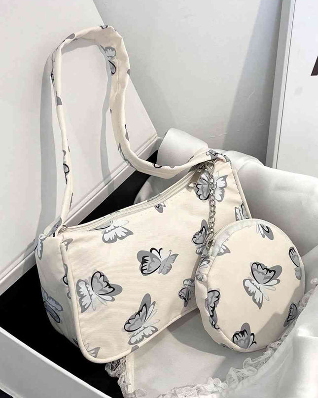 Butterfly Print Shoulder Bag with Purse