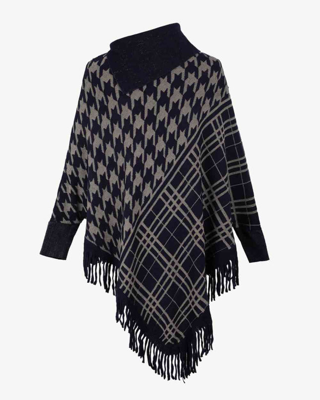 Houndstooth Turtleneck Fringe Hem Poncho