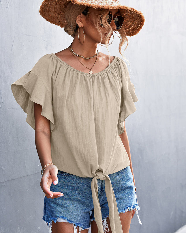 Flutter Sleeve Tie-Front Blouse