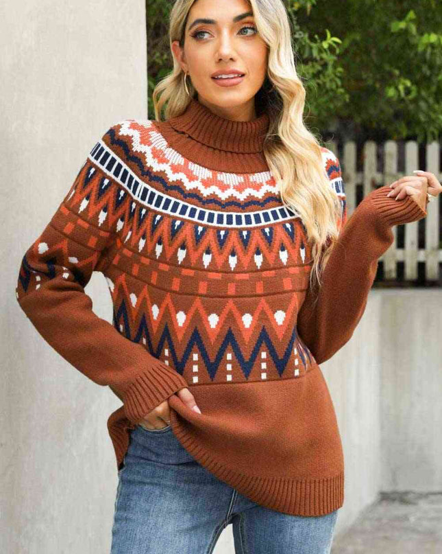 Woven Right Chevron Turtleneck Ribbed Trim Sweater