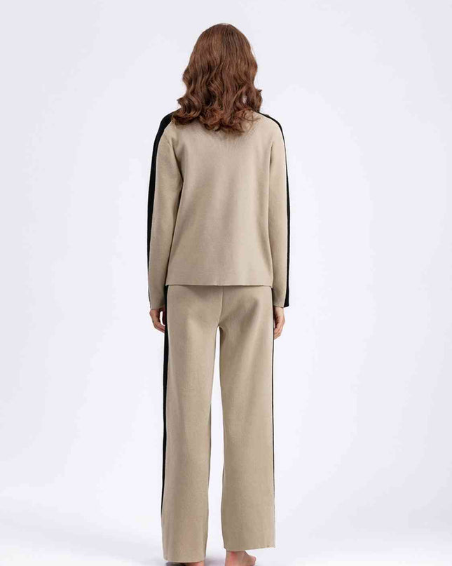 Contrast Sweater and Knit Pants Set
