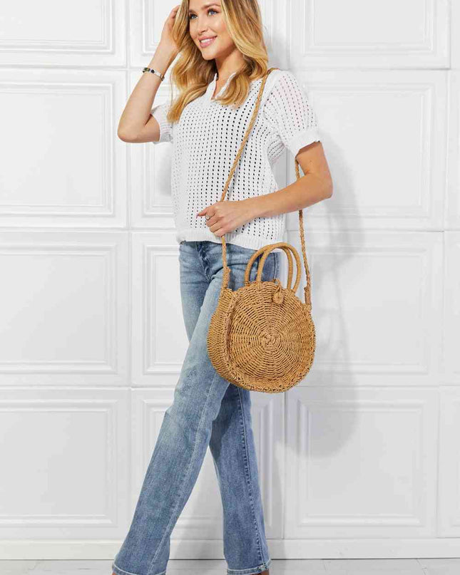 Justin Taylor Feeling Cute Rounded Rattan Handbag in Camel