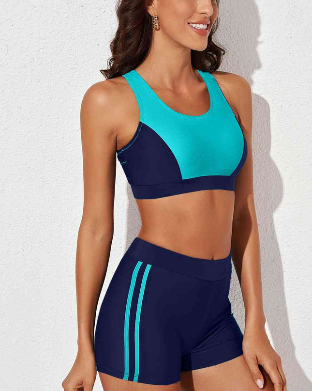 Printed Scoop Neck Back Crisscross Swim Set
