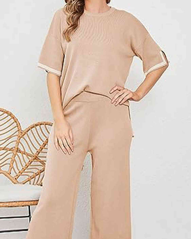 Contrast High-Low Sweater and Knit Pants Set