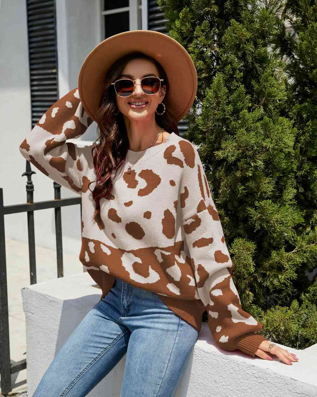 Woven Right Leopard Ribbed Trim Dropped Shoulder Sweater