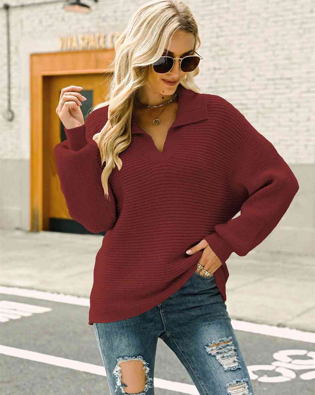 Double Take Horizontal Ribbing Johnny Collar Sweater