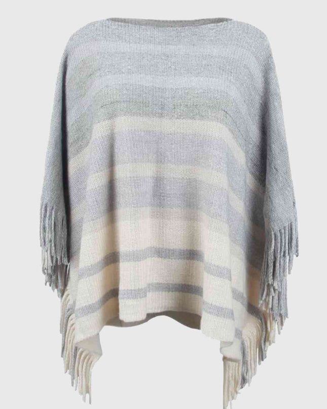 Striped Boat Neck Poncho with Fringes