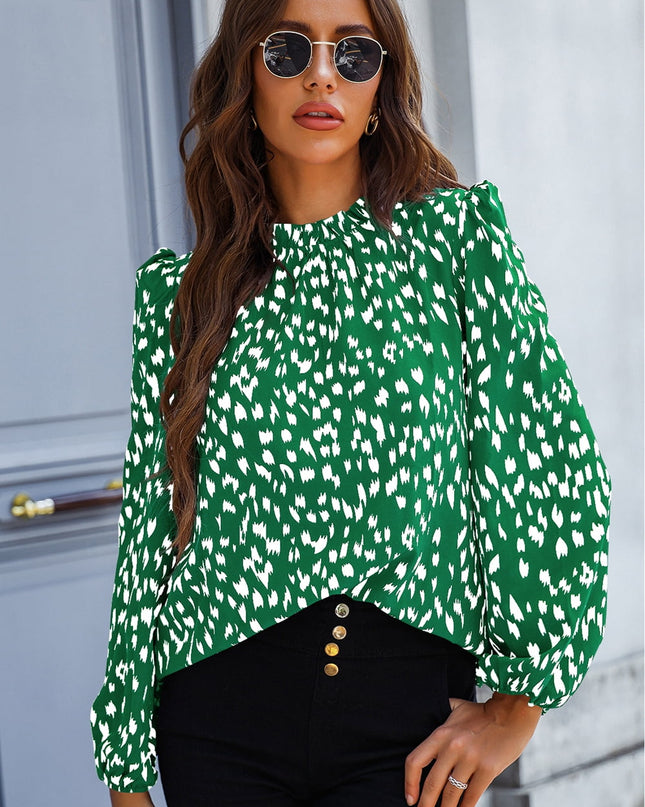 Printed Mock Neck Puff Sleeve Blouse