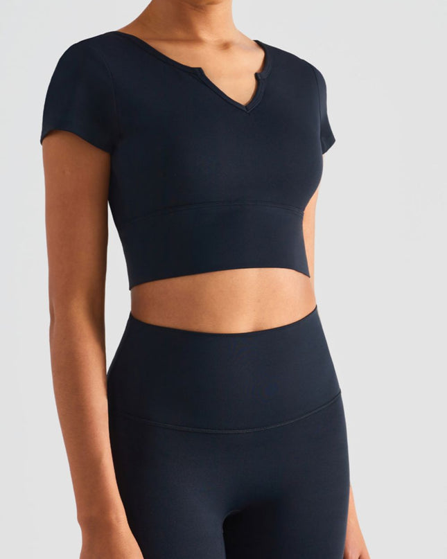 Notched Neck Short Sleeve Cropped Sports Top