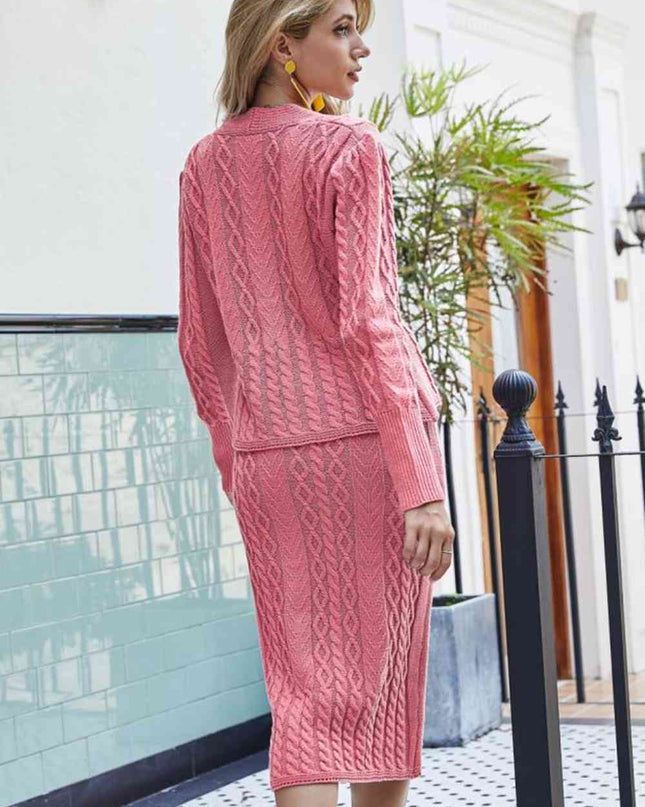 Mixed Knit V-Neck Cardigan and Knit Skirt Set