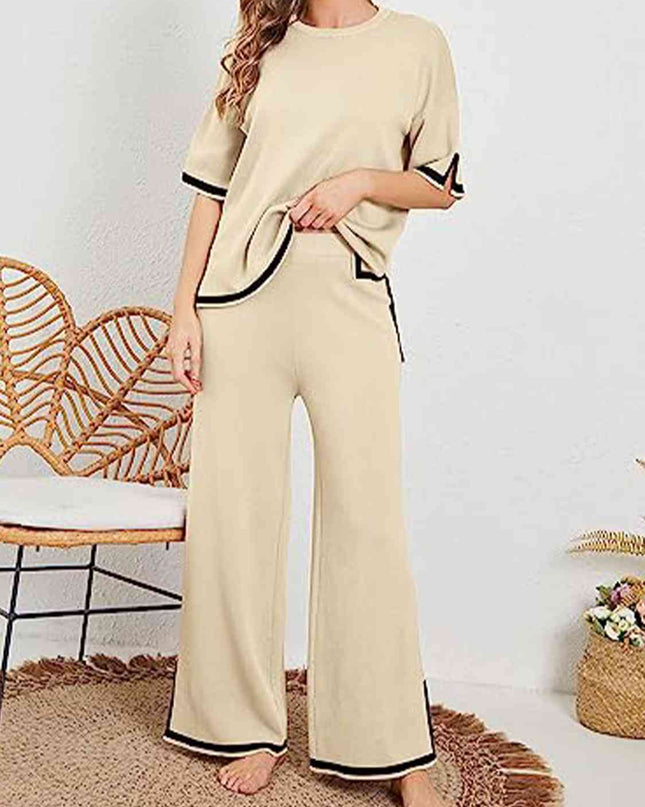 Contrast High-Low Sweater and Knit Pants Set
