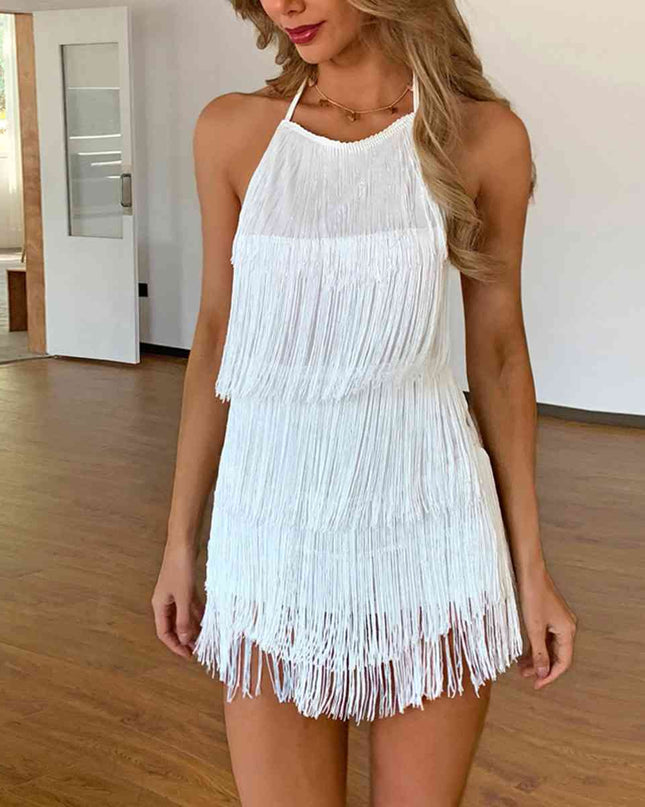 Fringed Halter Neck Tied Back Mini Dress