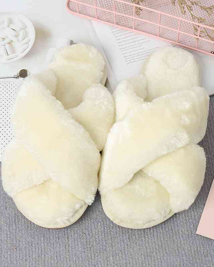 Faux Fur Crisscross Strap Slippers