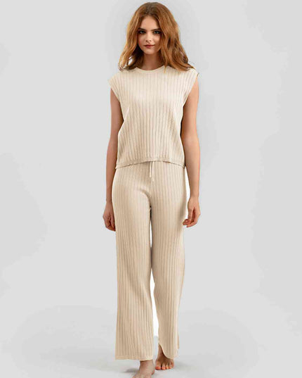 Ribbed Sweater Vest and Drawstring Knit Pants Set