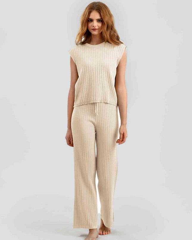 Ribbed Sweater Vest and Drawstring Knit Pants Set