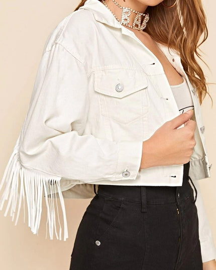 Fringe Detail Collared Neck Long Sleeve Denim Jacket