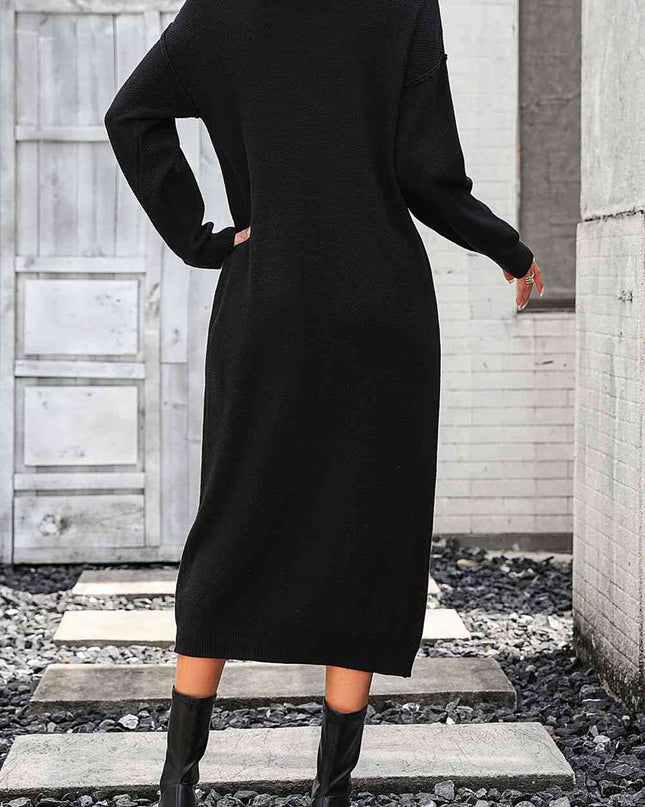 Notched Neck Dropped Shoulder Button-Down Midi Dress