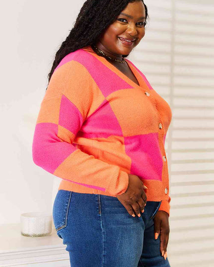 Woven Right Checkered V-Neck Dropped Shoulder Cardigan