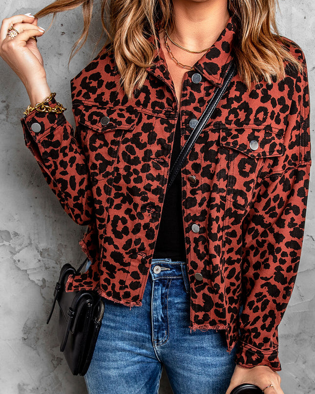 Double Take Leopard Print Raw Hem Jacket
