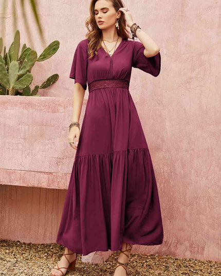 Openwork V-Neck Flare Sleeve Ruched Dress