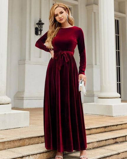 Tie Front Round Neck Long Sleeve Maxi Dress