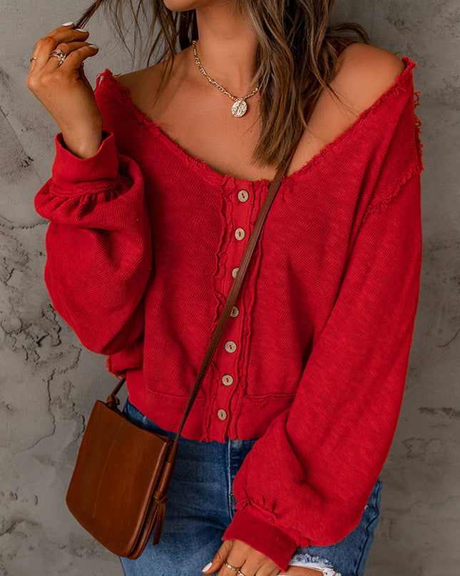 Button Front Frayed Trim Knit Top