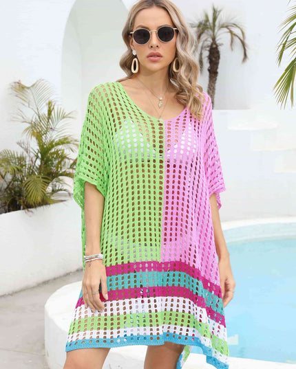 Contrast Scoop Neck Openwork Half Sleeve Cover Up