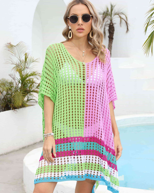 Contrast Scoop Neck Openwork Half Sleeve Cover Up