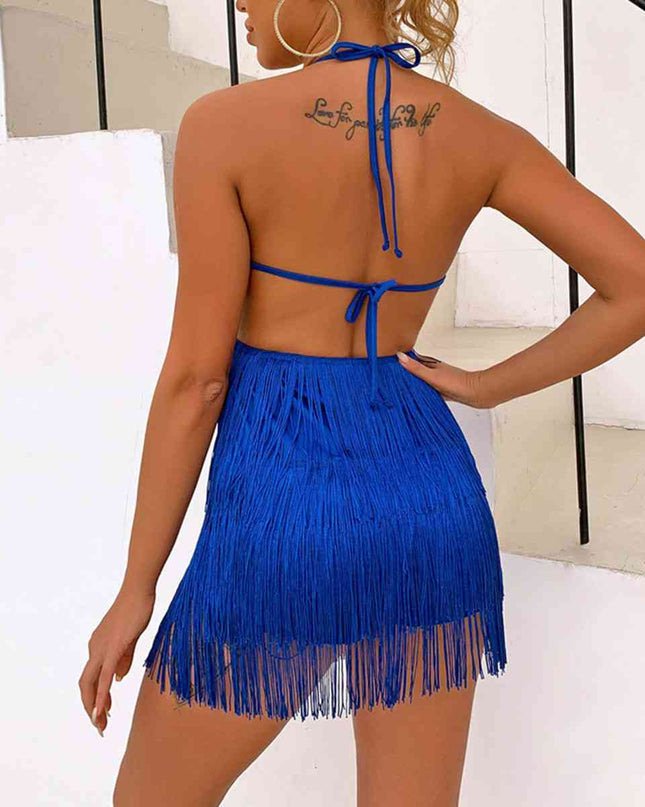 Fringed Halter Neck Tied Back Mini Dress