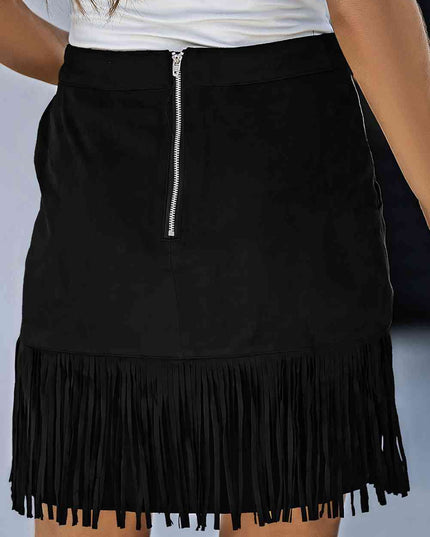 Fringe Detail Zip-Back Skirt with Pockets